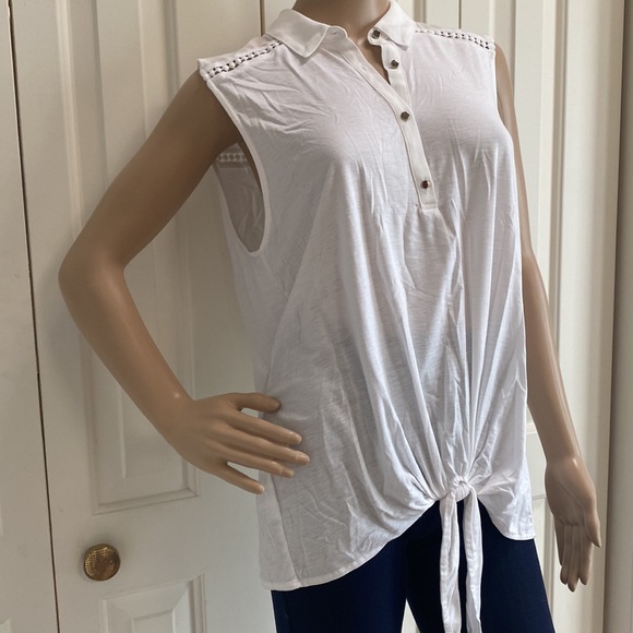 Ann Taylor Womens Large White Tank With Tie. Collar and cute buttons. Sheer - Picture 2 of 12